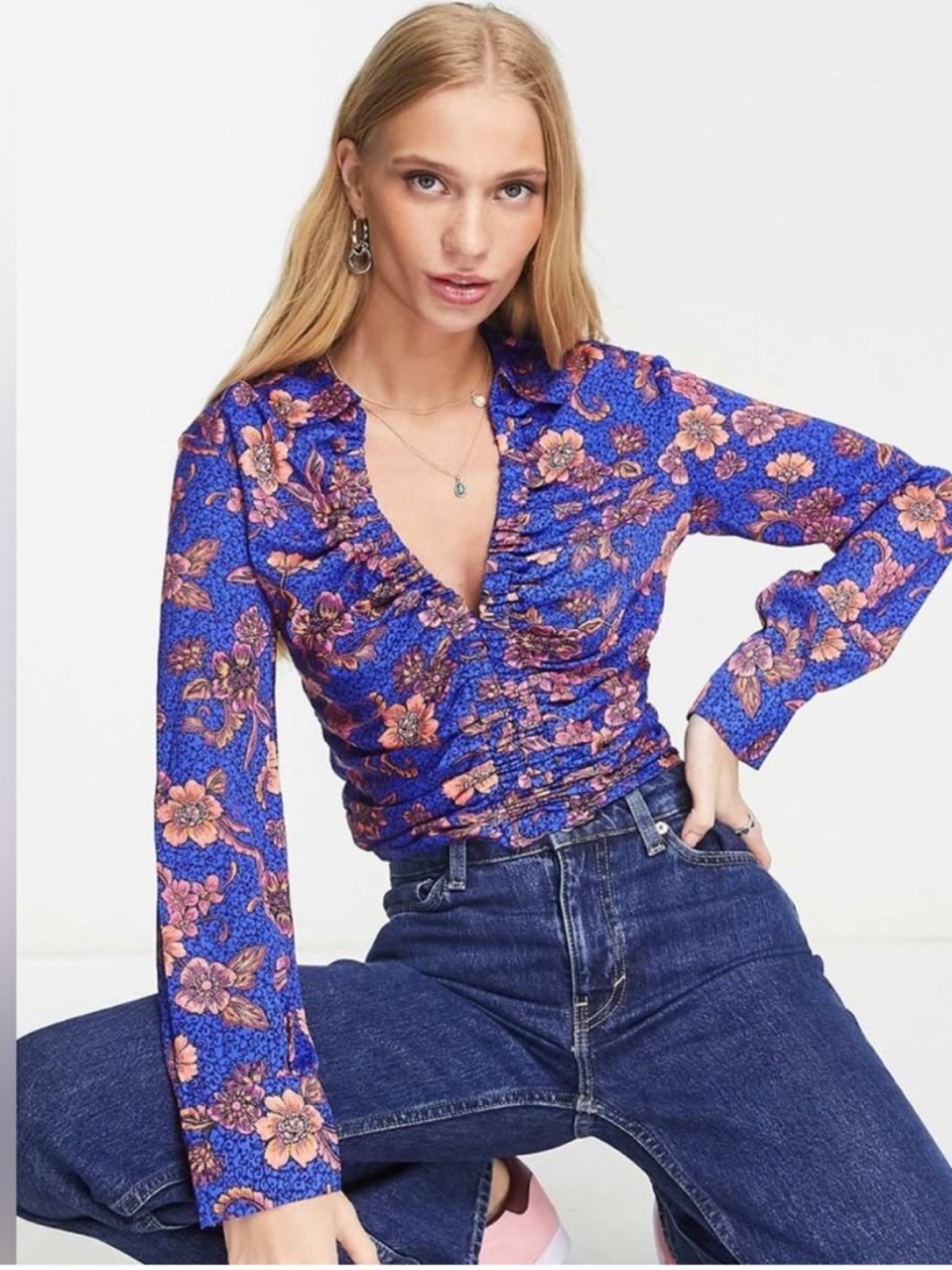 NWT Free People I Got You Floral Printed Long Sleeve Top Royal Combo